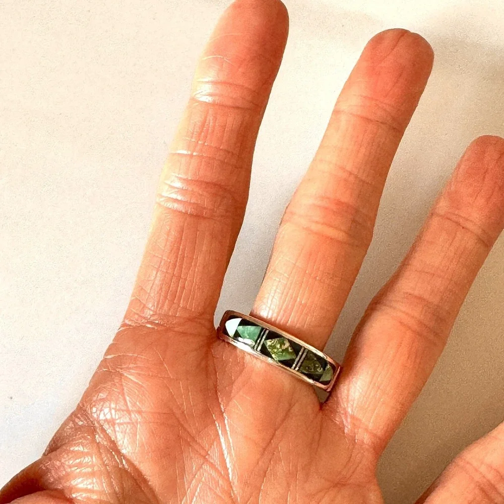 Navajo Inlay Turquoise Opal Multi Stone Wedding Band Ring Sz 13 7mm Mens Native